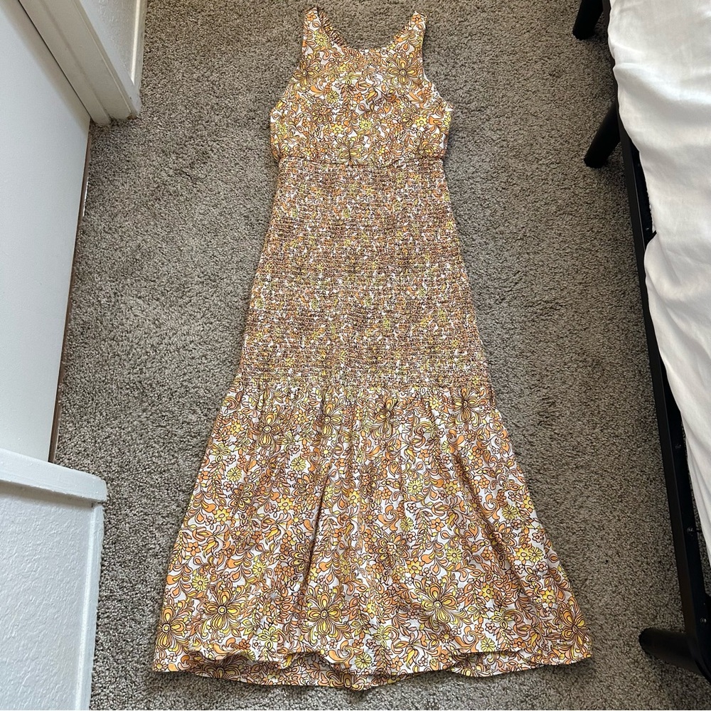 J Crew Collection Smocked Cross Back Dress in Medallion Floral Midi - Picture 5 of 8